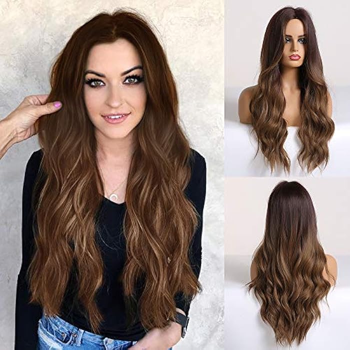 DILLARDS Wig Long Ombre Brown For Women Long Wavy Brown Wig Middle Part Synthetic Heat Resistant Wigs Daily Party Use Brown Wig 22 Inch - Image 3